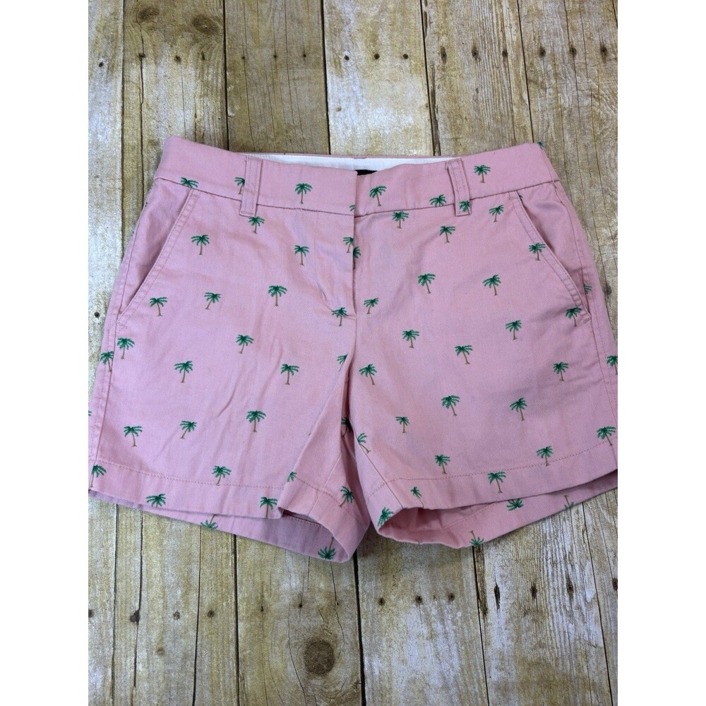 J.Crew Womens Chino Shorts Size 2 Pink Palm Tree 5" Inseam Mid Rise Pockets